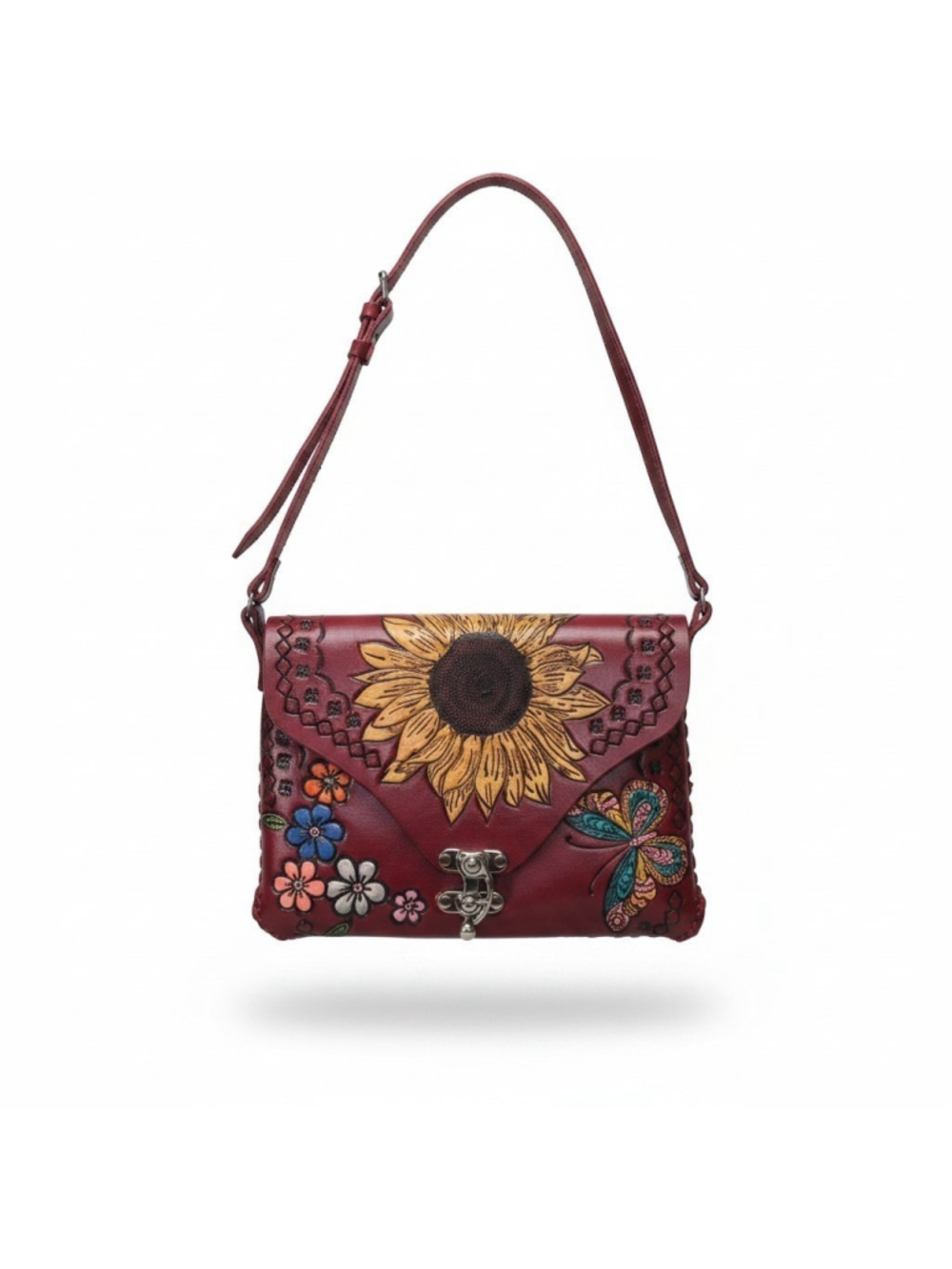 Sunflower Butterfly Red Wine Embossed Tooled Artisan LEATHER Crossbody Purse Bag - Picture 2 of 16